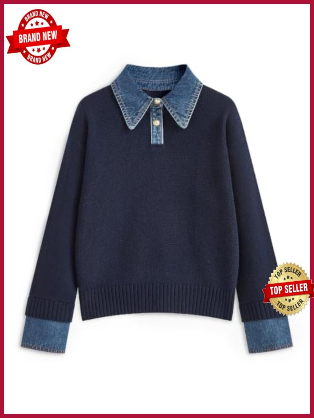 Oversized Knit Sweater Denim Lapel Polo Collar Viscose Blend Womens Pullover
